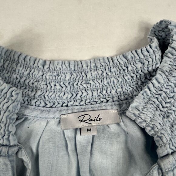 Rails Chambray Blue Puff Sleeve Blouse Smocked Neck Boho Soft Casual Top Medium - Picture 5 of 11